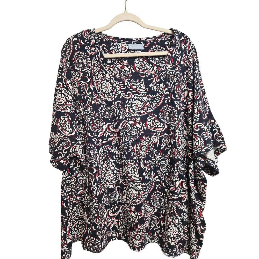Liz & Me Womens 5X 34/36W Paisley Cotton Knit Top Navy Red White Short Sleeve